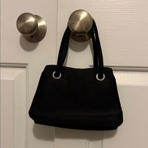 Miss Lewis Vtg Black Satin Evening Bag Small Purse Rhinestone Trim Lock Clasp